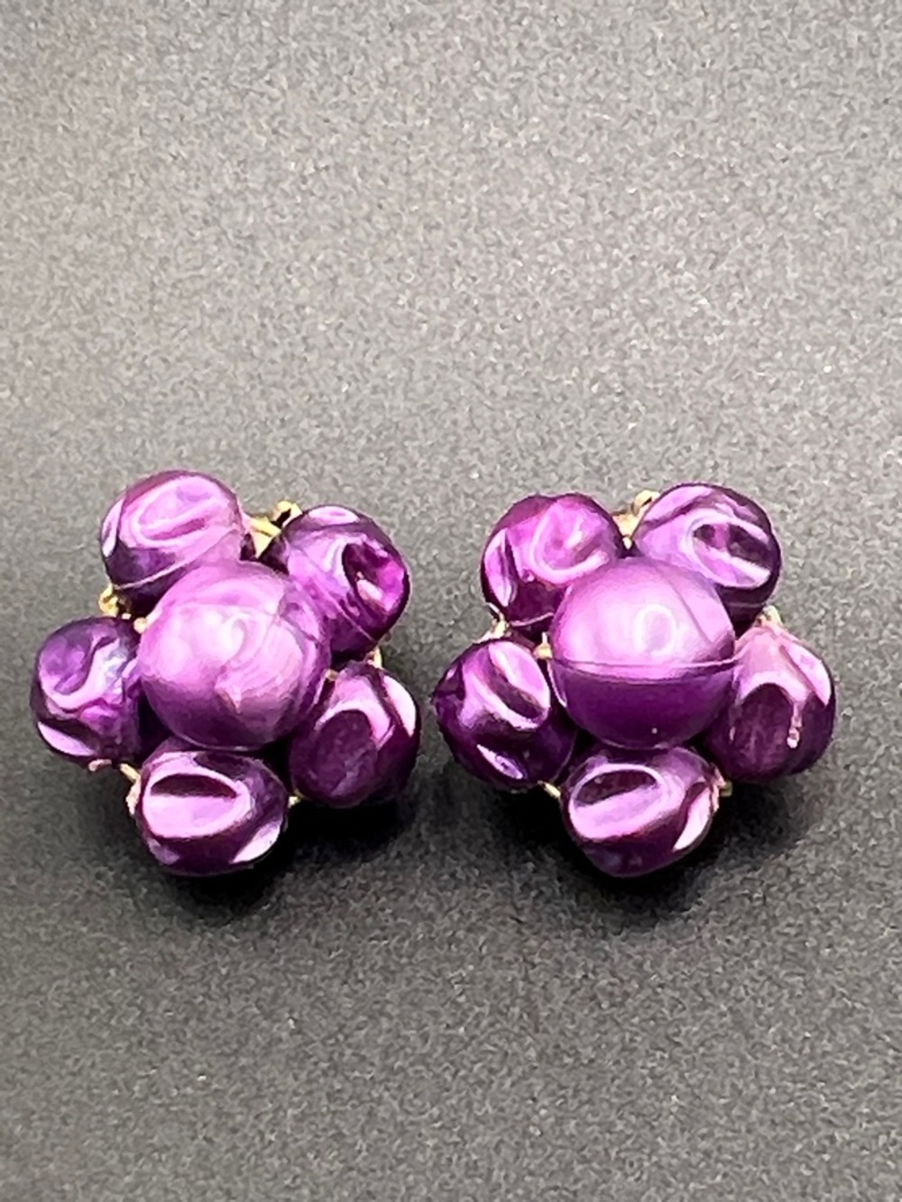Vintage Purple Cluster Flower Pearl Clip-On Earrings
